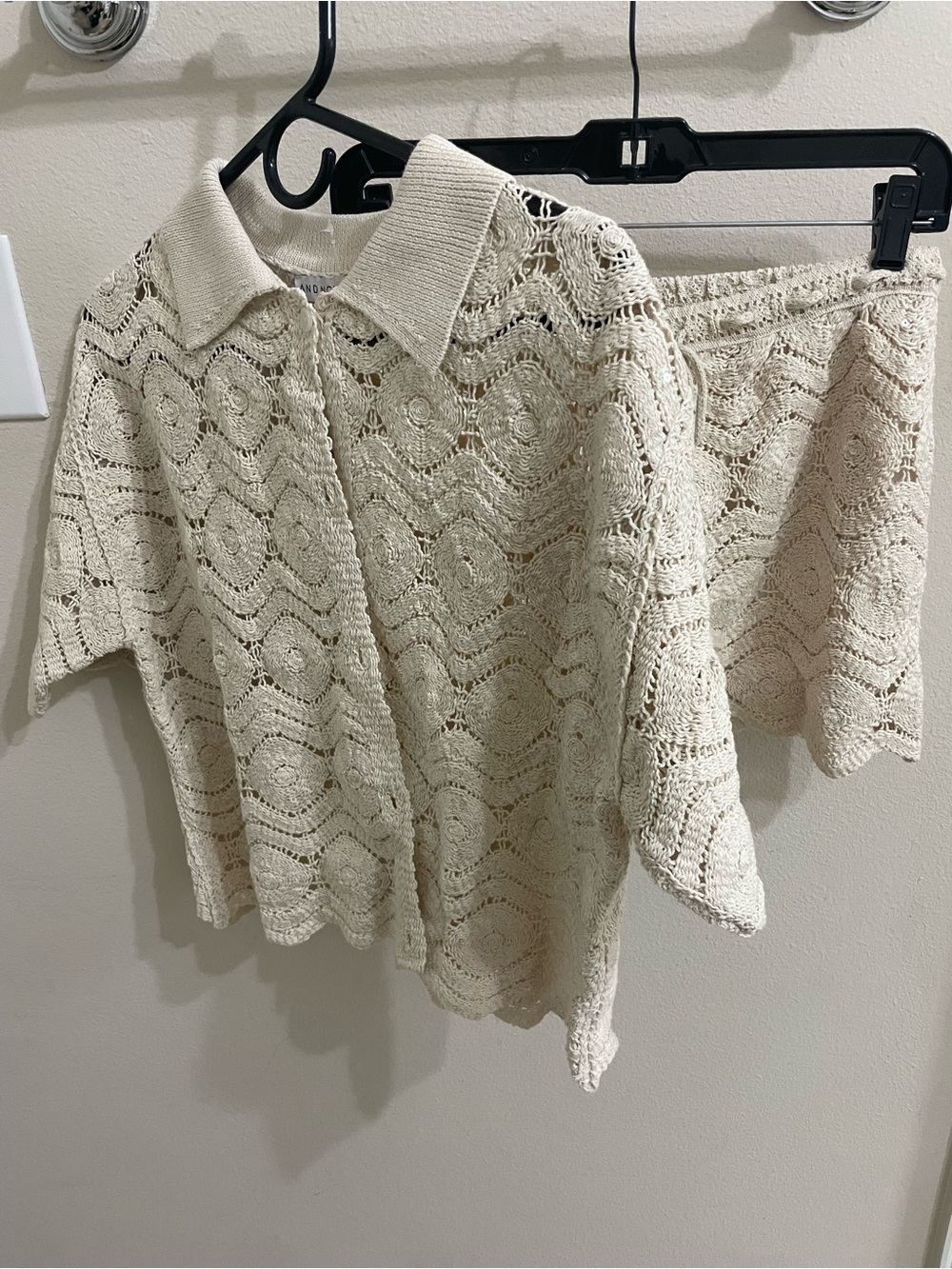 Cream Crochet Knit Polo Sweater - Women Set - shorts and top